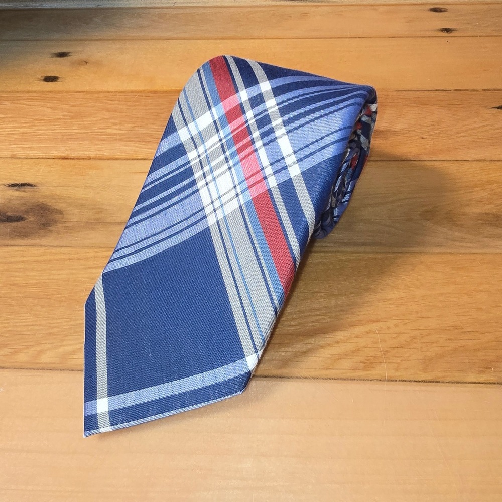 Saddlebred Mens Necktie Navy Blue Red White Plaid Cotton Blend Classic Tie